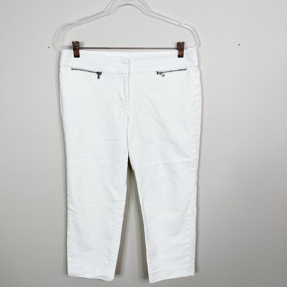 LOFT 8P White Marisa Cropped Pants Textured Zip Detail Straight Leg Work Office